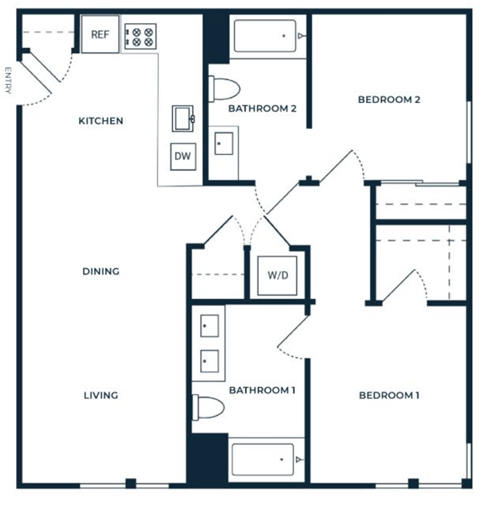 Floor plan for 2 beds, 2 baths, 947 sqft